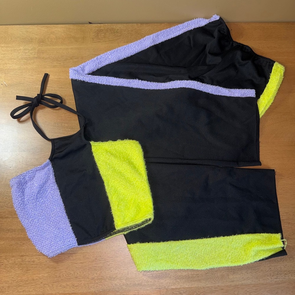Weissman's Costume Dance Set Halter Crop Top Pants Neon Green Purple Black SA